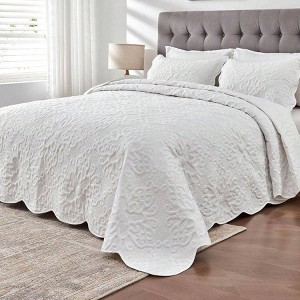 Oversized King Bedspreads 128x120 Extra Wide Quilt for Tall King California King Bed Lightweight 3 Piece Set Pure White - 1 of 4