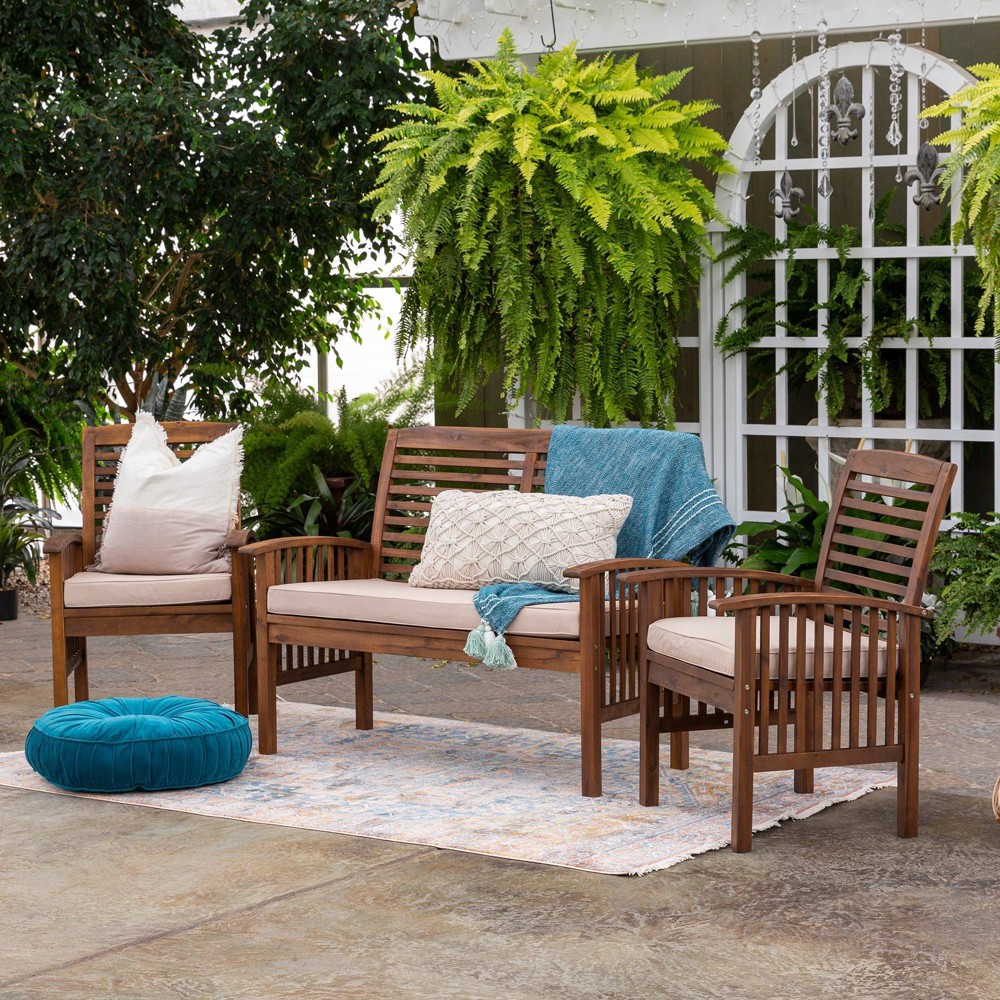 Photos - Garden Furniture Ravenscroft 3pc Acacia Wood Patio Chat Set with Cushions - Dark Brown - Sa