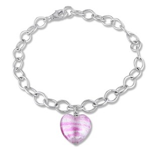 EVERLY JEWELRY | Sterling Silver Pink Stripe Murano Glass Heart Charm Link Bracelet, 7.5 inch - 1 of 4
