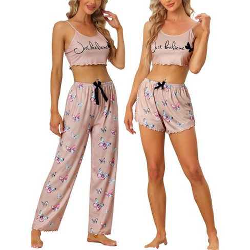 Cheibear Womens 3pcs Sleepwear Cute Print Lounge Pants Camisole With Shorts  Pajama Set Camel Small : Target