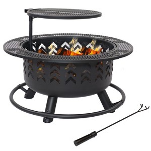 Sunnydaze Arrow Motif Heavy-Duty Steel Fire Pit with Cooking Grate, and PVC Cover - 32-Inch Round - Black - 1 of 4