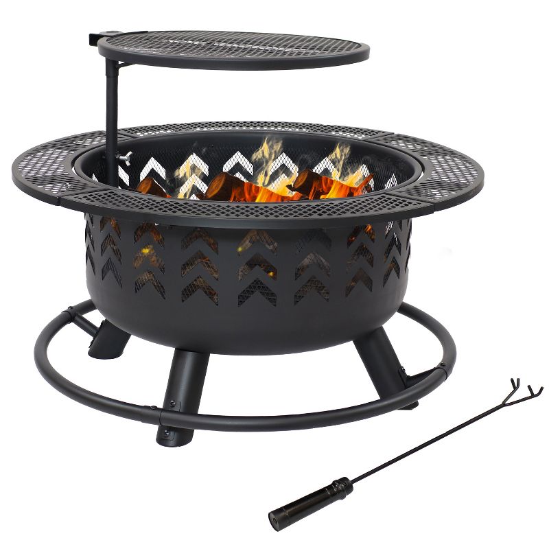 Sunnydaze Arrow Motif Heavy-Duty Steel Fire Pit with Cooking Grate, and PVC Cover - 32-Inch Round - Black, 1 of 9