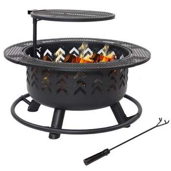 Sunnydaze Arrow Motif Heavy-Duty Steel Fire Pit with Cooking Grate, and PVC Cover - 32-Inch Round - Black
