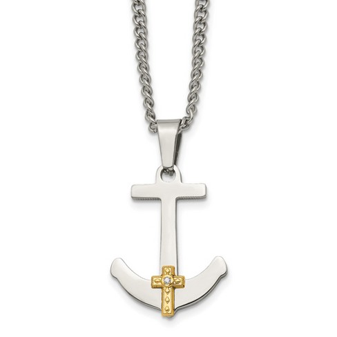 Black Bow Jewelry Stainless Steel 14k Yellow Gold & Diamond Anchor Cross Necklace, 24 In - image 1 of 4