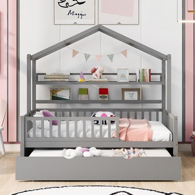 Twin Size House Bed with 2 Drawers and Storage Shelves Wood Family Bed with Roof and Fence Rails Playhouse Tent Bed Frame