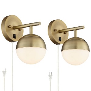 360 Lighting Luna Mid Century Modern Wall Lamps Set of 2 Smart Sockets Brass Plug-In 5 1/2" Fixture White Glass for Bedroom Bedside - 1 of 4