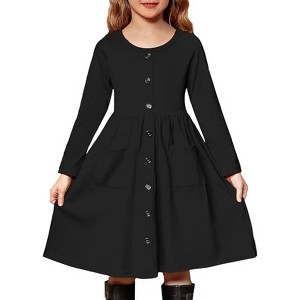Arshiner Girl's Dresses Button Down Midi Long Sleeve Casual Sundress A-line Dress with Pockets - 1 of 4