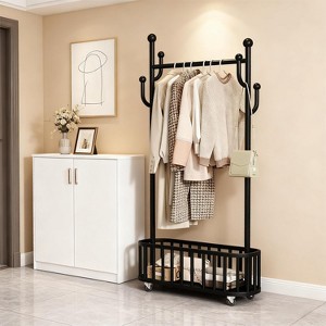 Metal Clothes Rack with Wheels,Rolling Clothing Racks for Hanging Clothes,Standing Garment Rack with Storage and Hooks,for Bedroom Closet Living-Room - 1 of 4