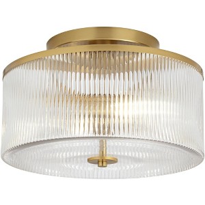 Possini Euro Design McKenzie 14" Modern 2-Light Semi Flush-Mount Ceiling Light Fixture Kitchen Foyer Hallway Drum Warm Brass Finish Ribbed Glass - 1 of 4