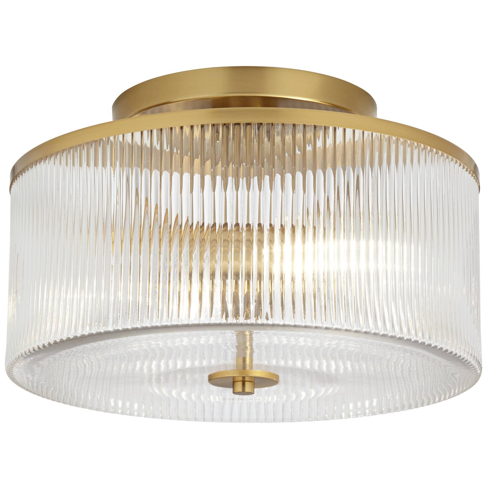 Possini Euro Design McKenzie 14" Modern 2-Light Semi Flush-Mount Ceiling Light Fixture Kitchen Foyer Hallway Drum Warm Brass Finish Ribbed Glass