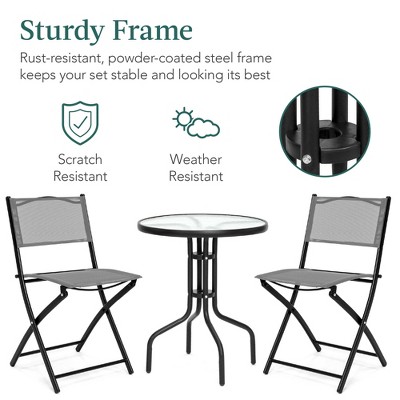 Gray 3-Piece Patio Bistro Set with Glass Tabletop and Folding Chairs