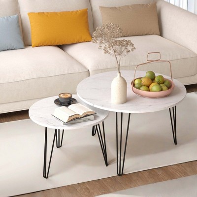 NicBex Modern Round Nesting Coffee Table Set of 2 with Wood Top and Metal Legs for Living Room