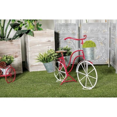 Red and Gray Metal Bicycle Plant Stand with Basket and Saddle Bag Planters