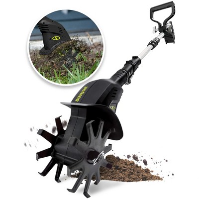 Sun Joe 24 Volt Cordless Garden Tiller & Cultivator with Telescopic Pole Extending from 28.3" to 37.3", Auxiliary Handle & 6 Inch Steel Blades, Green