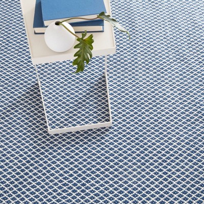 Navy Blue and Ivory Cotton Geometric Flat Woven Rug, 5 x 8