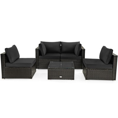 Tangkula 5PCS Rattan Patio Furniture Set Cushioned Sofa Chair Coffee Table Set Easy Assemble Red/Turquoise/White/Navy/Black