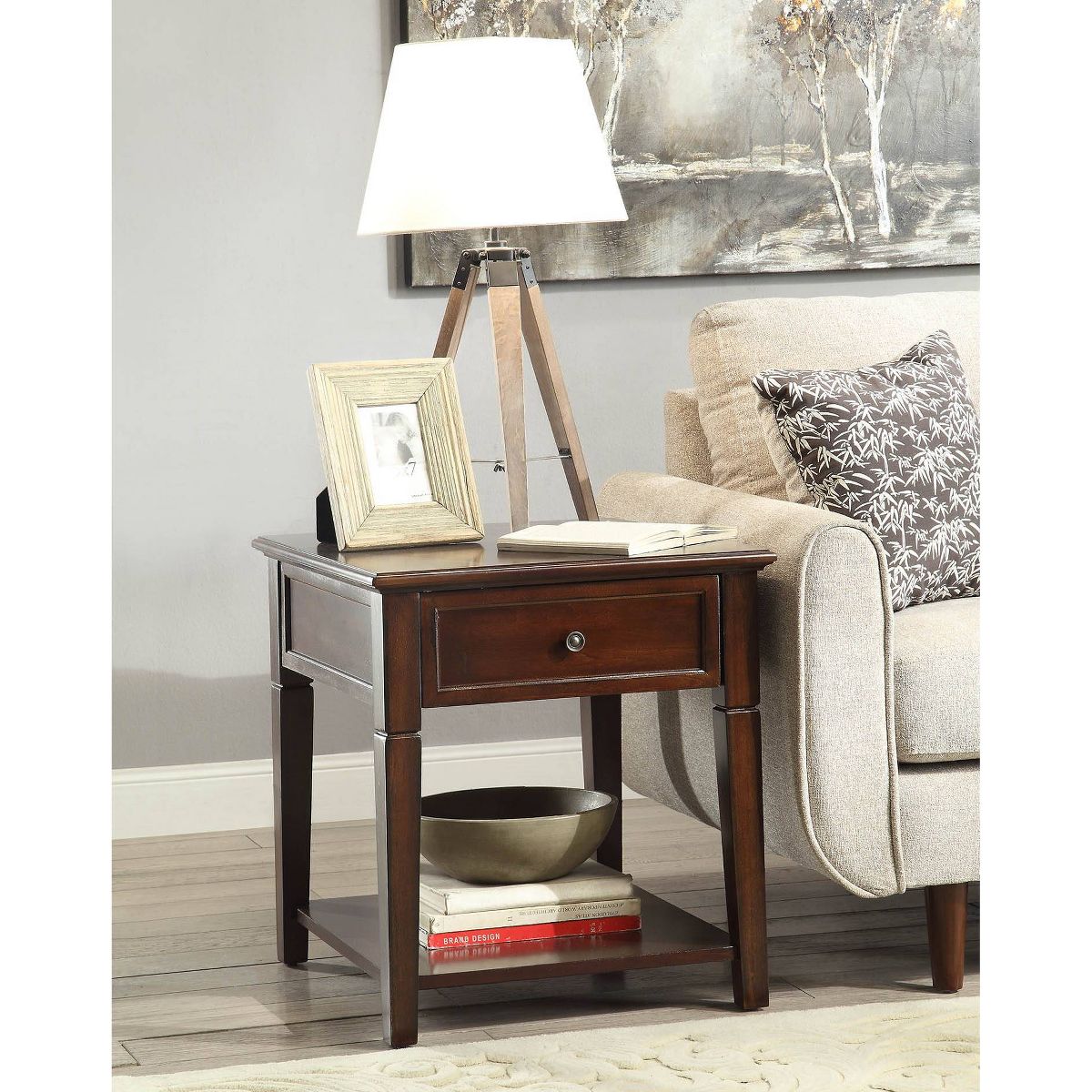 Acme Furniture Malachi End Table Walnut: Rectangular Side Table with Storage Drawer and Shelf - thumbnail 6