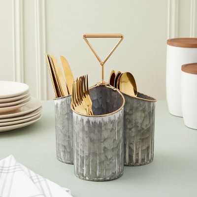 Farmlyn Creek 3 Compartment Vintage Galvanized Utensil Holder for Countertop Organizer, Multi-Purpose Caddy (Rustic, 7.8 x 8 x 10.6 In)