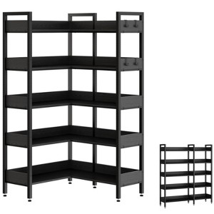 ODK Corner Bookshelf, 5-Tier Bookshelves with 4 Hooks, Convertible Bookshelf, Industrial Wooden Bookcase with Open Shelves for Home Office - 1 of 4