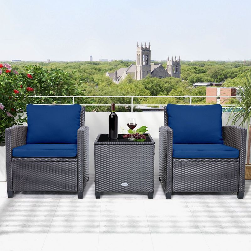 Costway 3PCS Patio Wicker Furniture Set with Beige & Navy Cushion Covers Balcony, 2 of 11