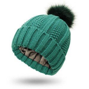 Anna-Kaci Women's Soft Knit Winter Beanie Hat with Satin-Lined Interior Ribbed Texture and Fluffy Pom Detail - 1 of 4