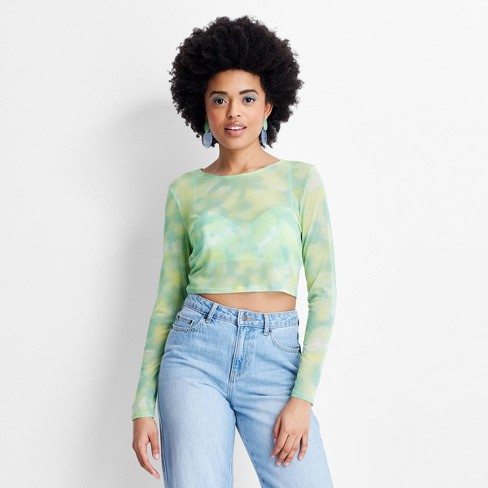 Women's Long Sleeve Tie-dye Mesh Crop Top - Future Collective™ With  Gabriella Karefa-johnson Light Green/turquoise : Target