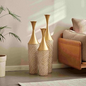 Angel Sar 3 Piece Woven Pattern Metal Vase Set, Tall White Cylinder Floor Vases with Gold Weave Design, 35.4" 31.5" 27.5" H Home Decor - 1 of 4