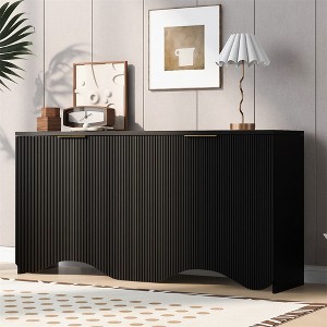 Sideboard Buffet Cabinet With 4 Doors, Modern Kitchen Storage Cabinet With Vertical Stripes Wavy Bottom Design Adjustable Shelves For Entryway - 1 of 4