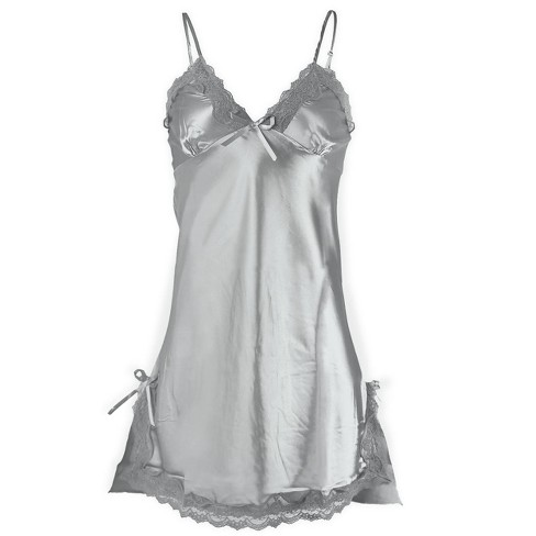 Allegra K Women Satin Lace Trim Sleepwear Nightgown Pajama Slip Dress  Gray-lace XXL
