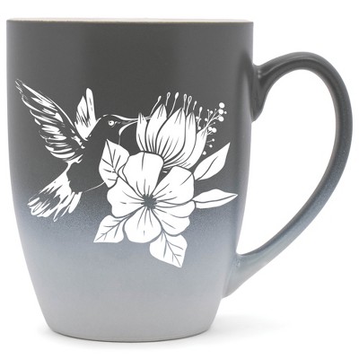 Elanze Designs Hummingbird Flower Two Toned Ombre Matte Grey and White 12 ounce Ceramic Stoneware Coffee Cup Mug