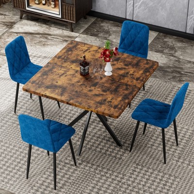 KTMBDW Square Dining Table Set, Modern Square Dining Table with 4 Blue Chair, Faux Marble Tabletop and Iron Legs, Coffee Table for Kitchen Dining Room
