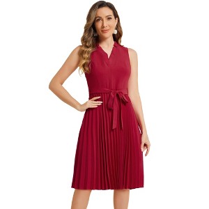 Allegra K Women's Sleeveless V Neck Tie Waist A-line Midi Pleated Dresses - 1 of 4