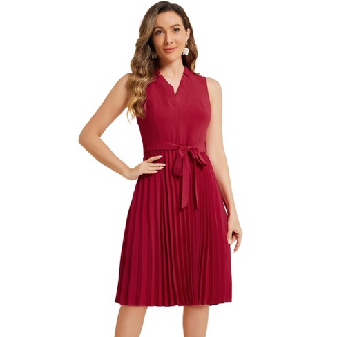 Allegra K Women's Sleeveless V Neck Tie Waist A-line Midi Pleated Dresses - image 1 of 4