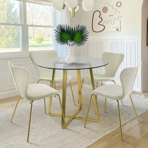 HANA FLAVIA 5 Piece Round Glass Gold Legs Dining Table Set with 4 Cream Upholstered Chairs The Pop Maison