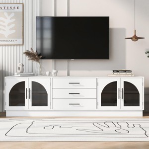 White Entertainment Center For TVs Up To 75 Inch,68''Modern Minimalist TV Stand With Adjustable Shelves,Arched Glass Doors-Maison Boucle - 1 of 4
