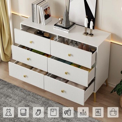 White and Gold Fluted 6-Drawer Dresser with Curved Design