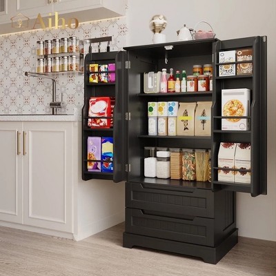 LunaLulinlk 47" H Kitchen Pantry Cabinet with 2 Doors and 2 Drawers, Solid and Sturdy, Storage Cabinet for Entryway, Kitchen - Black