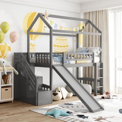 NicBex Twin Size Loft Bed House shape Wooden Bed Frame with Storage Stairs, Slide, Ladder and Full Length Guardrail, No Box Spring Required