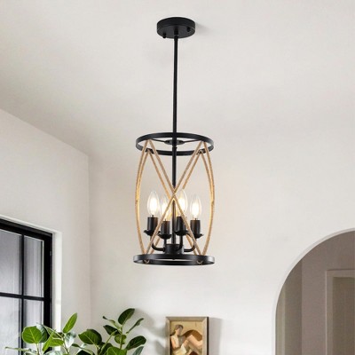 PAKOKULA 4-Light Black Cage Pendant Light with Woven Accents, Rustic Industrial Lighting for Kitchen Island