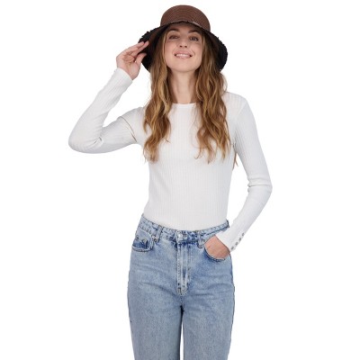 Tahari Women's Color Block Straw Bucket Hat with Fringe - Bucket Hat For Women