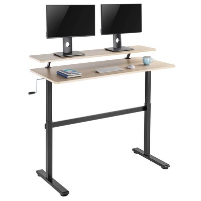 Tranzendesk Standing Desk with Clamp-On Shelf - 55" Sit to Stand Workstation with 55” Monitor Stand – Maple - Stand Steady