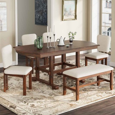 6 Piece Wood Dining Table Set,60'' Extendable Dining Table Set with Removable Leaf,Dining Table Set with Bench and Upholstered Chairs-Coolbibila
