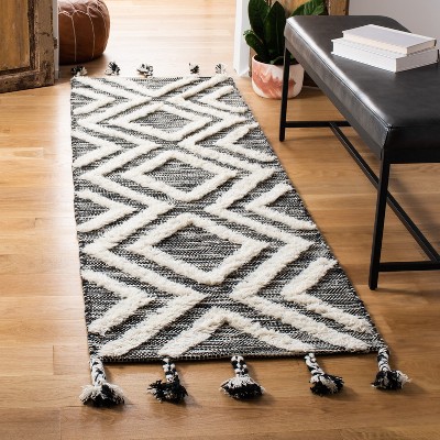 Ivory and Black Hand-Knotted Wool Runner Rug