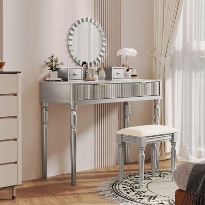 Luxury Vanity Desk with Round Mirror,Height-Adjustable, Stylish Dressing Table Set, 4 Drawers & Stool