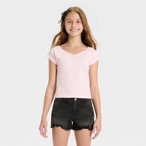 Girls' Short Sleeve V-Neck Ribbed T-Shirt - art class™ - 1 of 3