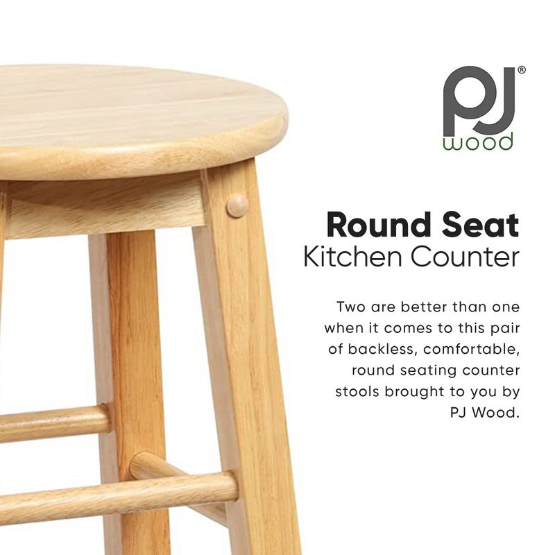 PJ Wood Round-Seat 24 Inch Tall Kitchen Counter Stools for Homes, Dining Spaces, and Bars with Backless Seats, 4 Square Legs, Natural, Set of 2, 3 of 7