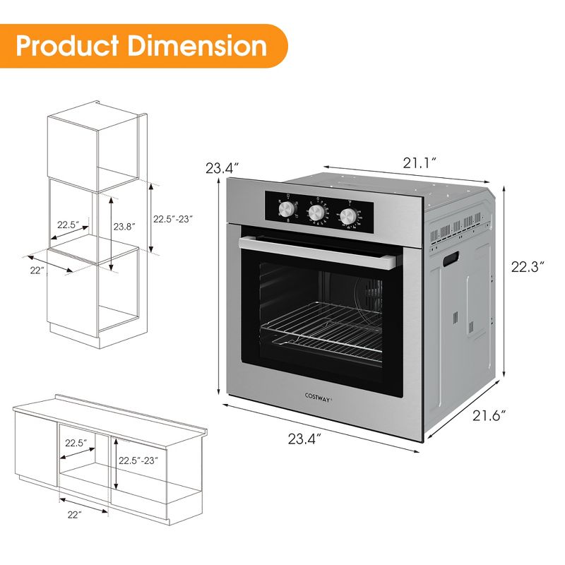 Costway 24'' Single Wall Oven 2.47Cu.ft Built-in Electric Oven 2300W w/ 5 Cooking Modes, 4 of 11