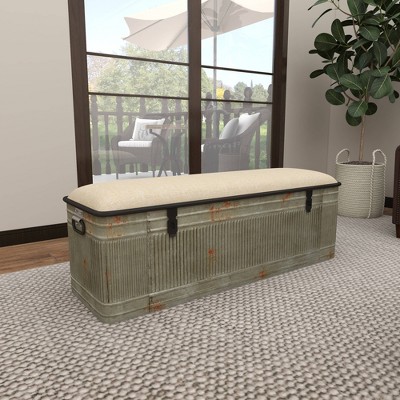 Gray Galvanized Metal Storage Bench with Beige Upholstered Seat