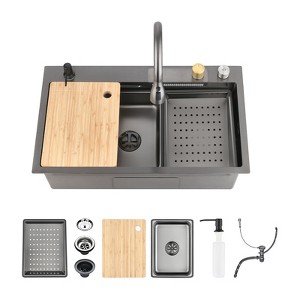 Cobbe Nano gray All-In-One 29.5" Stainless Steel Single bowl Sink, Multifunctional Drop-in 4-Hole Workstation Kitchen Sink Kit with Accessories - 1 of 4