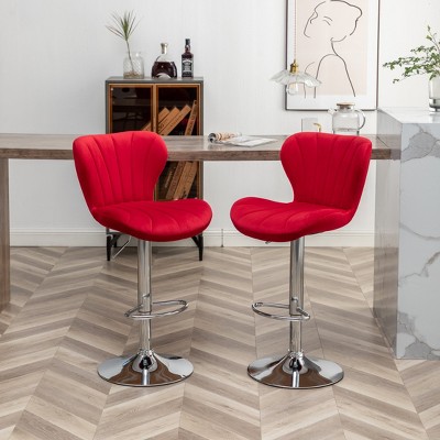 Ellston Red Velvet Adjustable Swivel Barstools with Chrome Base, Set of 2